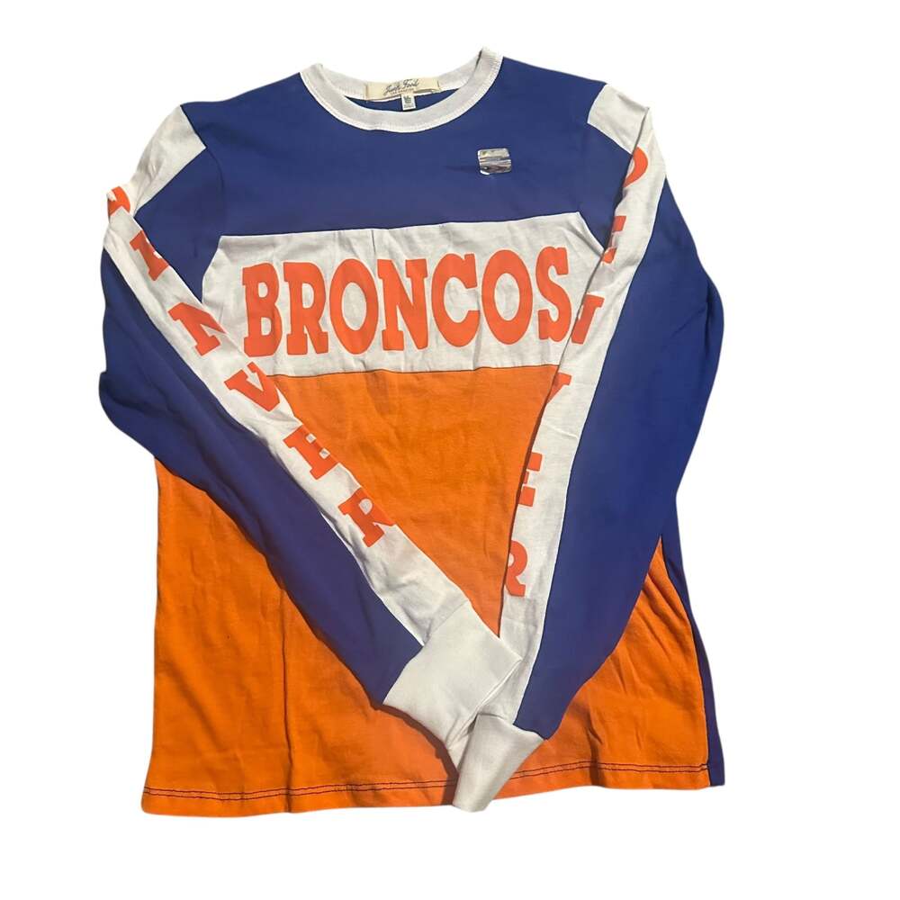 Women's Denver Broncos Royal/Orange Color Block Racer Long Sleeve T-Shirt-S - Picture 3 of 6